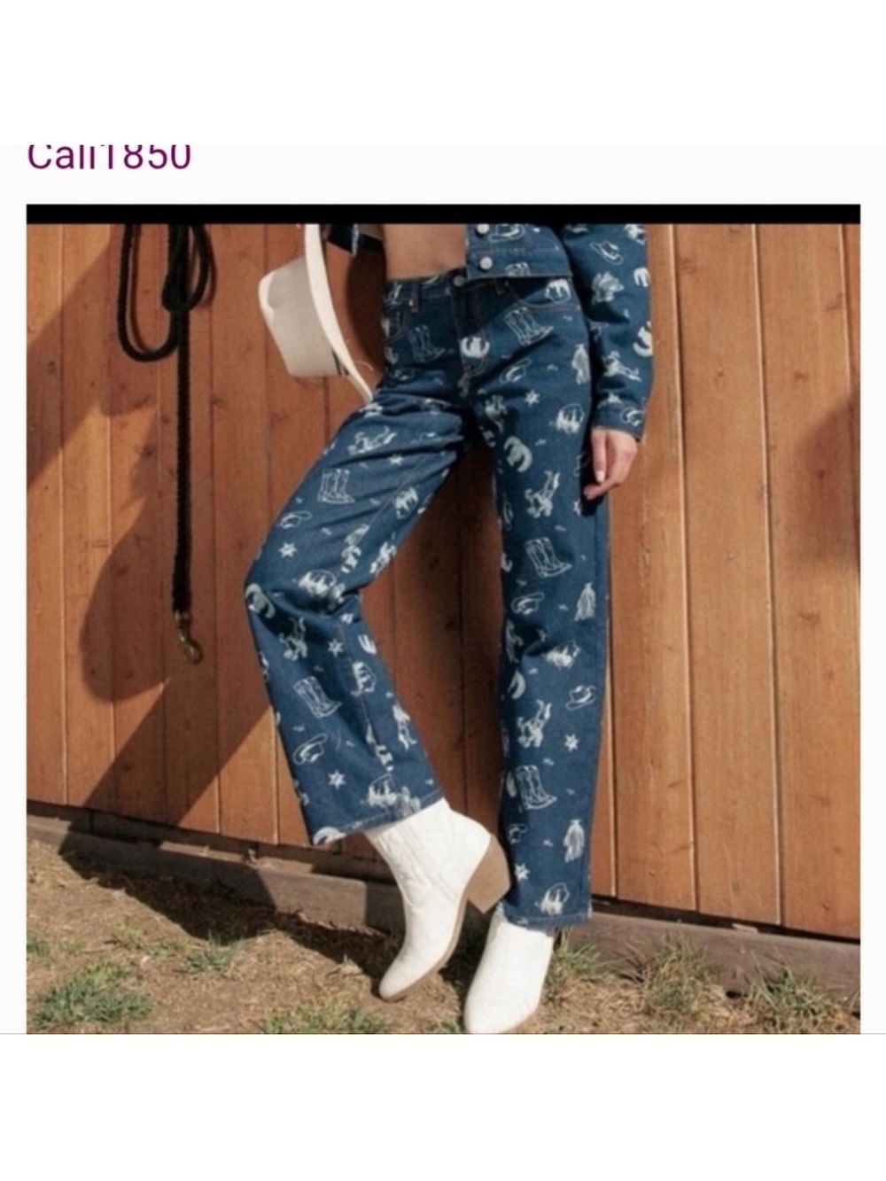 Cali 1850 | Western Print Jeans Womens Cream Cowboy Cowgirl Barrel Leg Sz 11